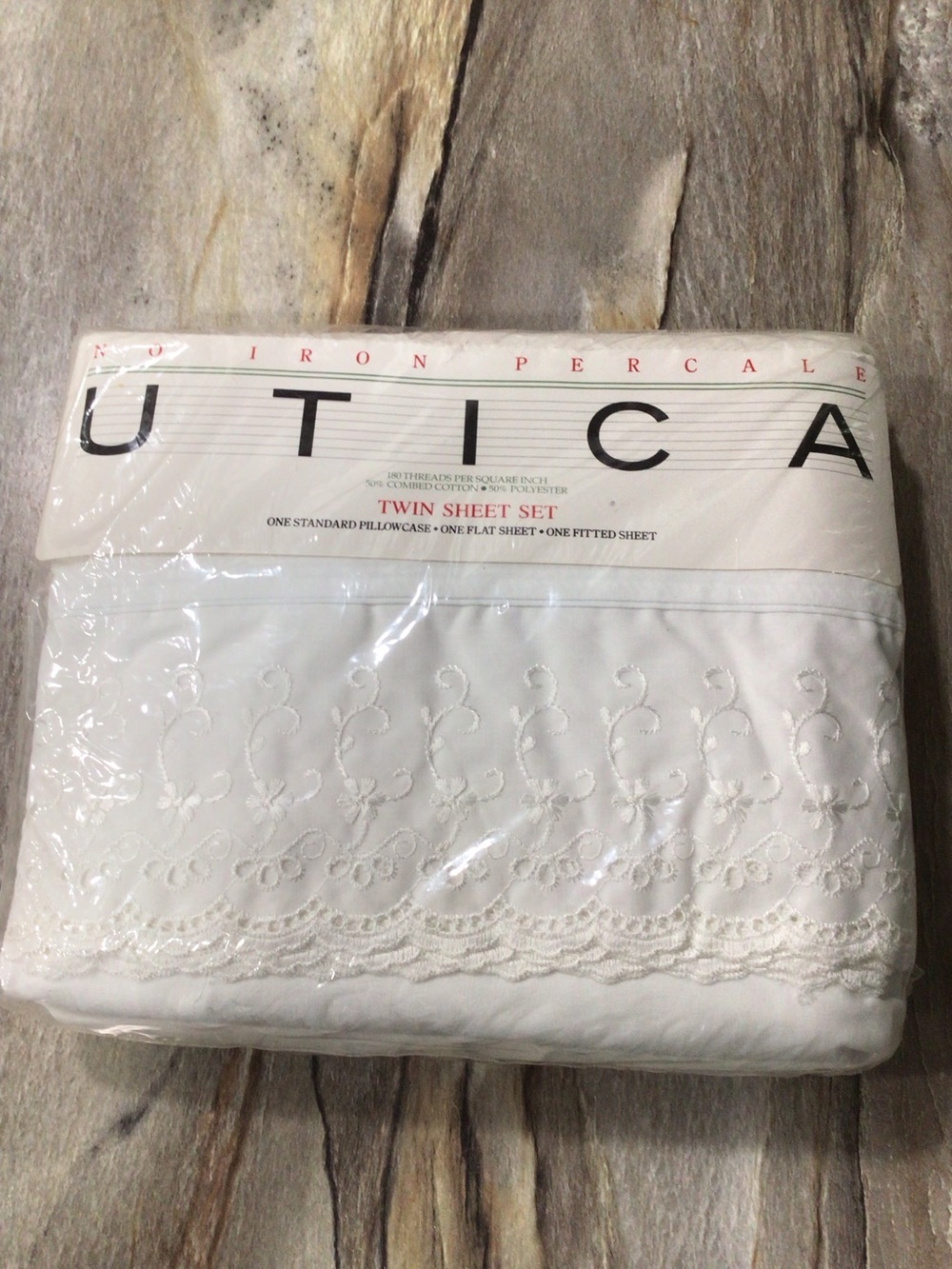 Vintage 90s Utica Twin Sheet Set White Lace Embroidered No Iron Percale USA NIP